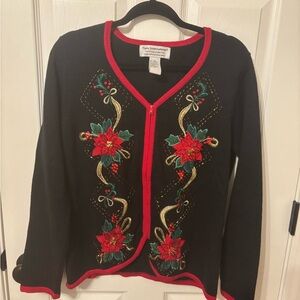 Tiara International Black withRed and Gold Floral Accents Ugly Christmas Sweater